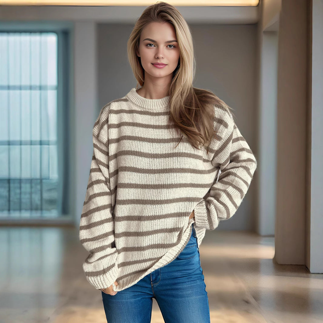 Kvinders afslappede strikket sweater med brede striber og oversized pasform Stilla