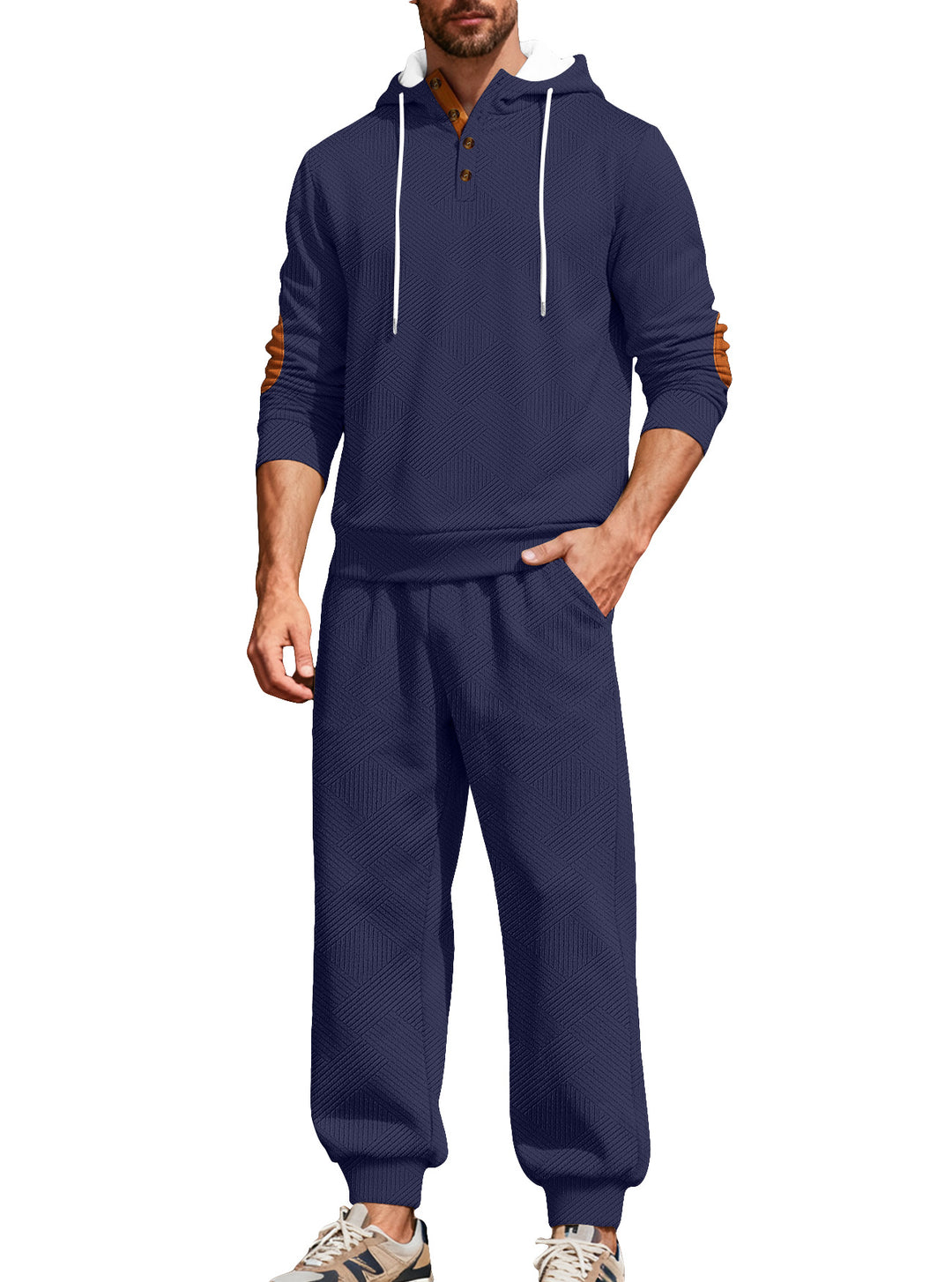 Herre nan struktureret hoodie-jogging sæt med Henley-knapstolpe og kontrast-albue-patches Skovae