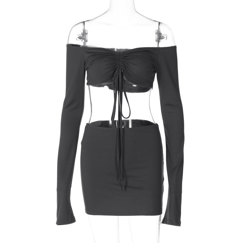 Dame Crop-Top og Nederdel Sæt med elegant Rynkning og lange Ærmer Stilla