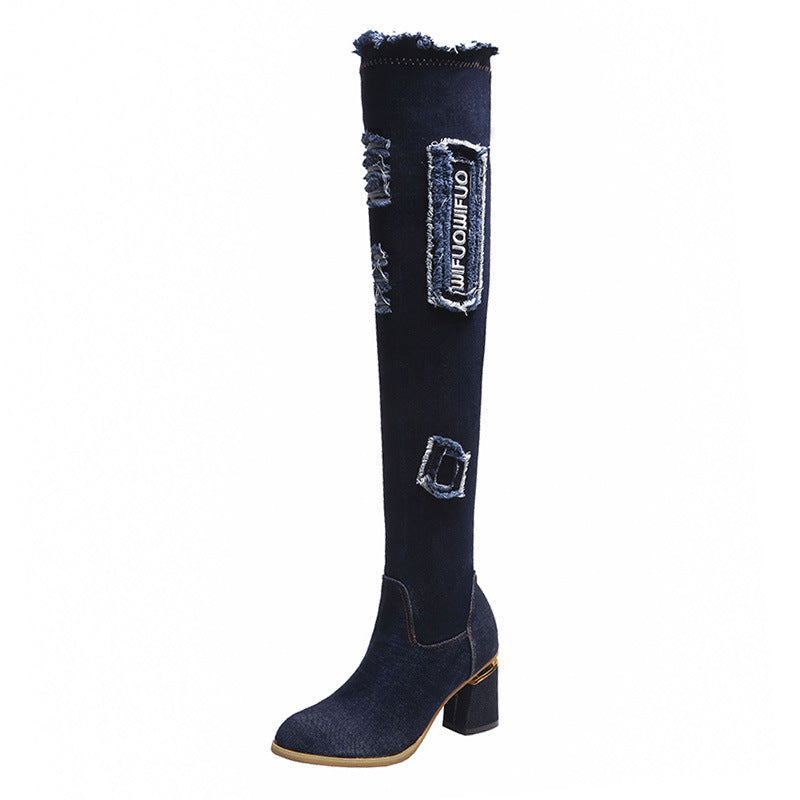 Dame Overknee-Støvler i Denim med elegant lynlås og fashionable detaljer Stilla