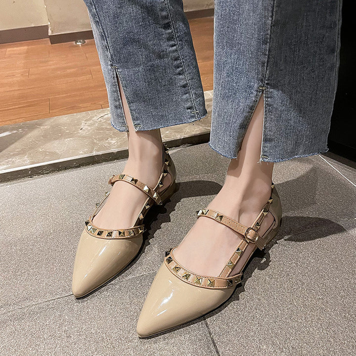 Dame Elegant Spids-Tå Blokhæls Ballerinaer med Nitte Detaljer Stilla