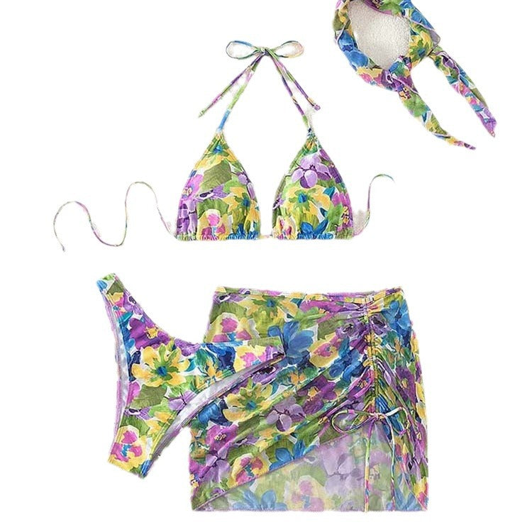 Dame trekantet blomstertil bikini med justerbar sarong Stilla