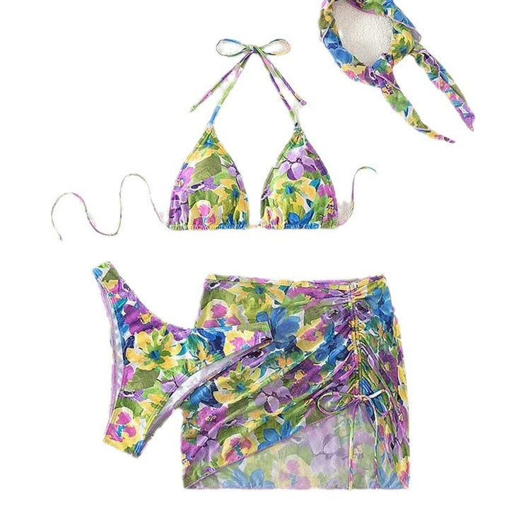 Dame trekantet blomstertil bikini med justerbar sarong Stilla