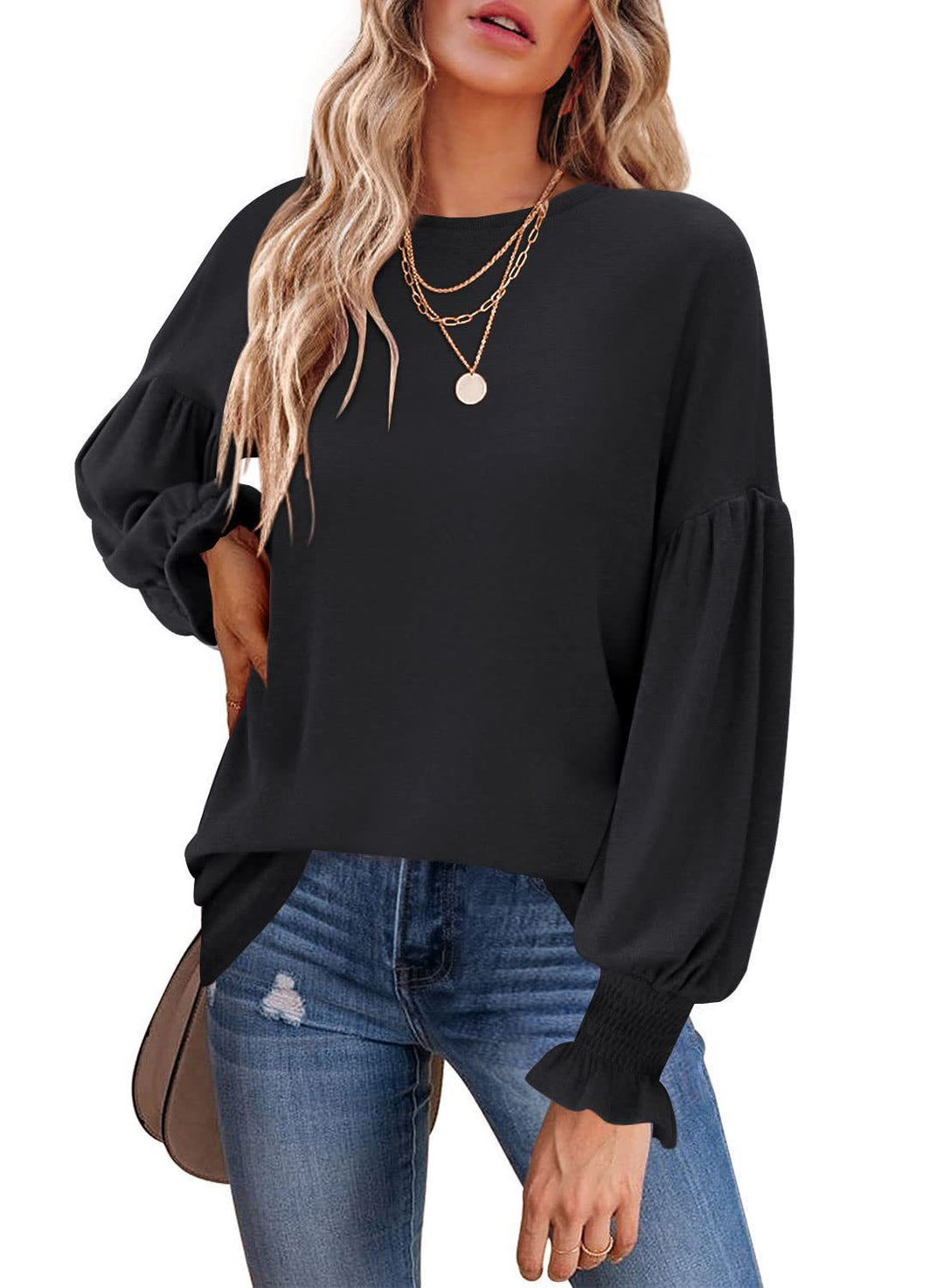 Dame sweater med elegante ballonærmer og finstrik Stilla