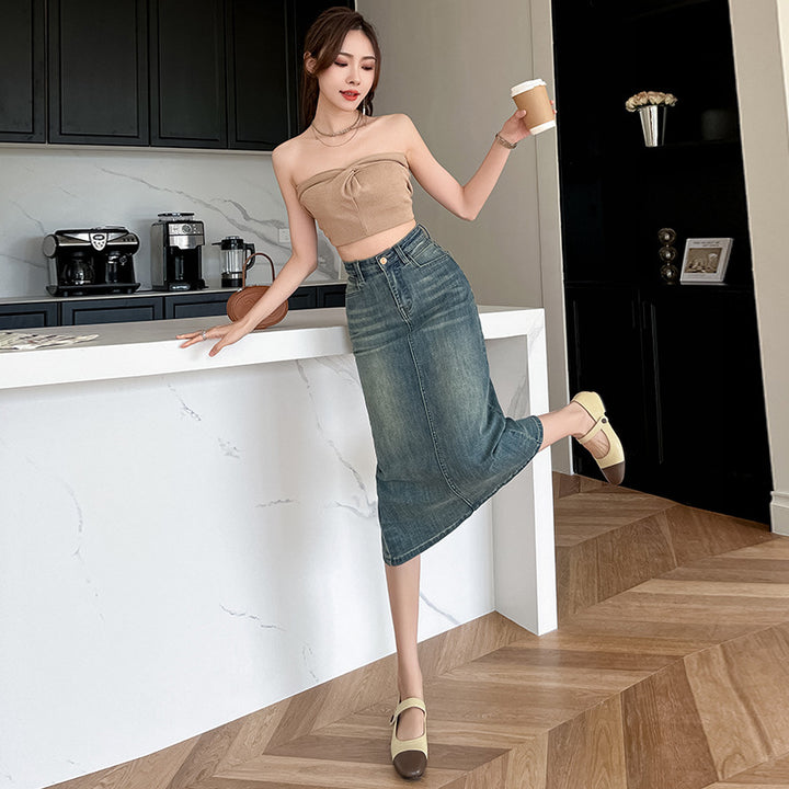 Damer Lang Denim Nederdel med Front Slids Stilla