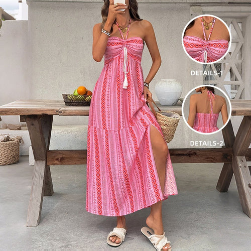 Damen Maxi-Strandkleid mit elastischem Oberteil und verspieltem Muster Skovae