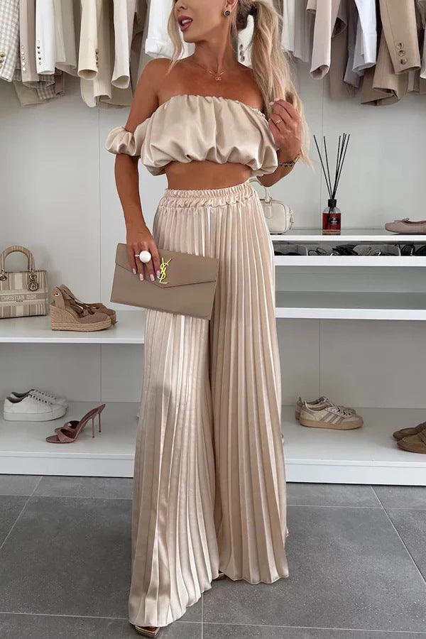 Dame Plisseret Maxi Nederdel og Off-Shoulder Crop Top Sæt Stilla