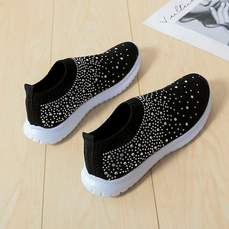 Dame modiske sneakers med rhinsten-applikationer og fleksibelt strik-overmateriale Stilla