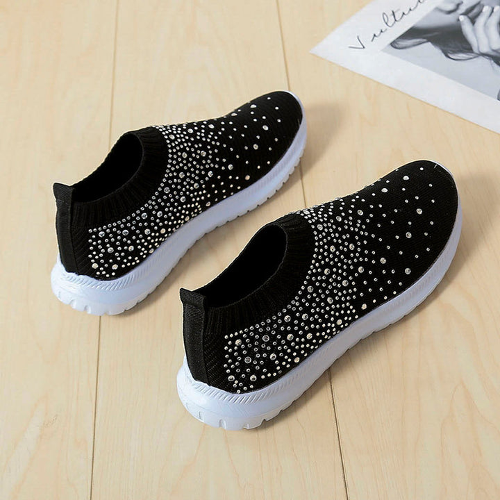 Dame modiske sneakers med rhinsten-applikationer og fleksibelt strik-overmateriale Stilla