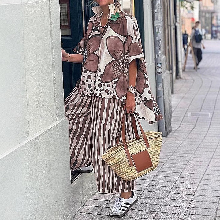 Dame Stilfuldt Floralprint Poncho og Bred-Bukser Sæt Stilla