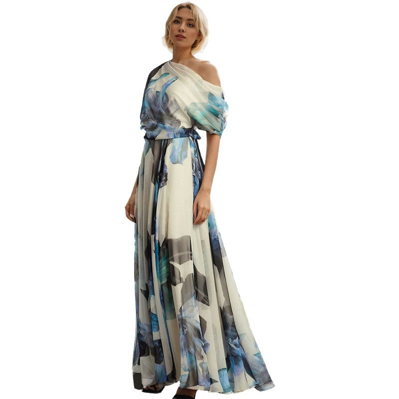 Kvinder elegant chiffon kjole med off-shoulder design og blomster mønster Skovae