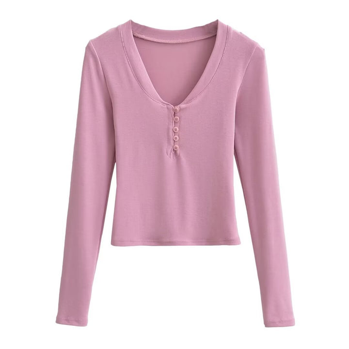 Dame Langærmet Henley T-shirt med elegant V-udskæring og fashionable knapdetalje Stilla