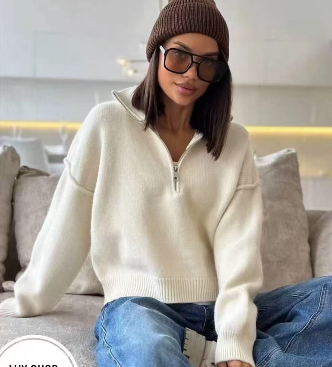Kvindernes oversized sweater med høj krave og lynlås Stilla