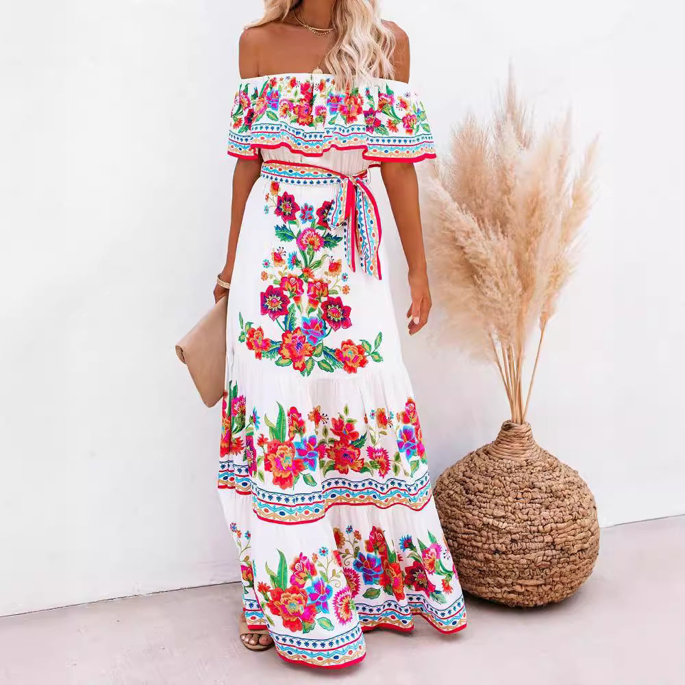 Dame Off-Shoulder Maxikjole med blomster mønstre og elastisk taljebælte Stilla