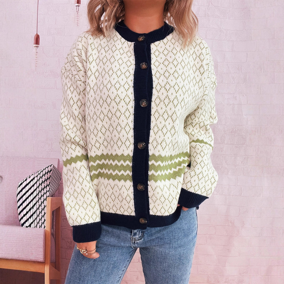 Kvinders cardigan med geometrisk mønster og elegante knapdetaljer Stilla