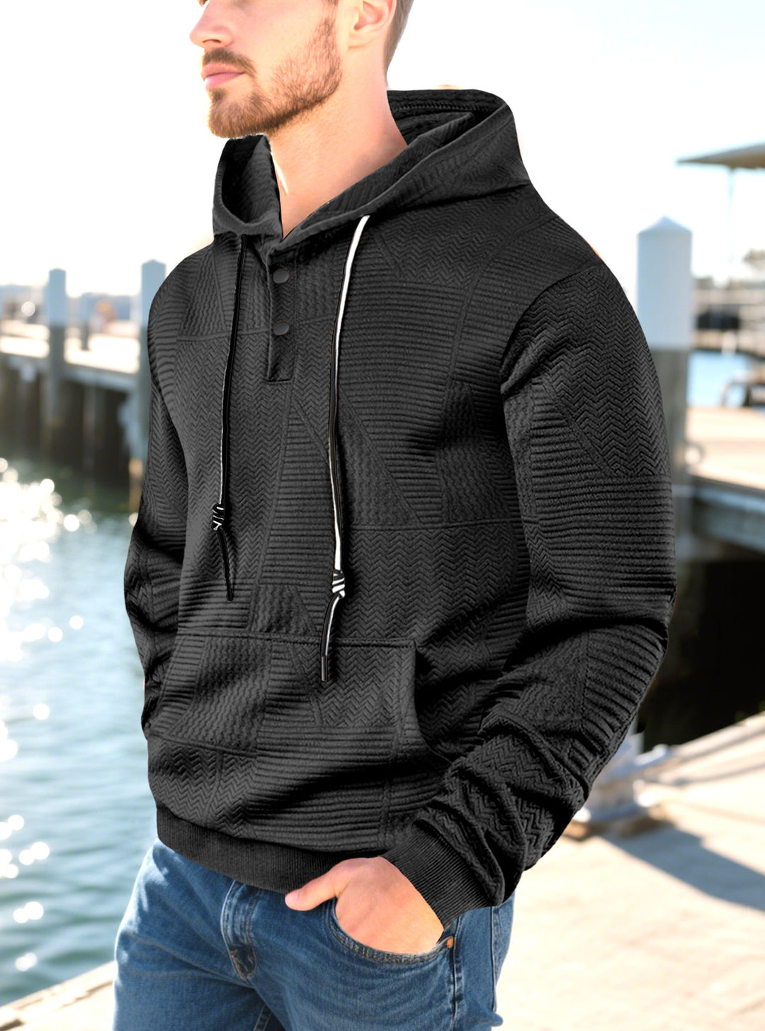 Herren nan geometrisk struktur-hoodie med Henley-blende og kængurulomme Skovae