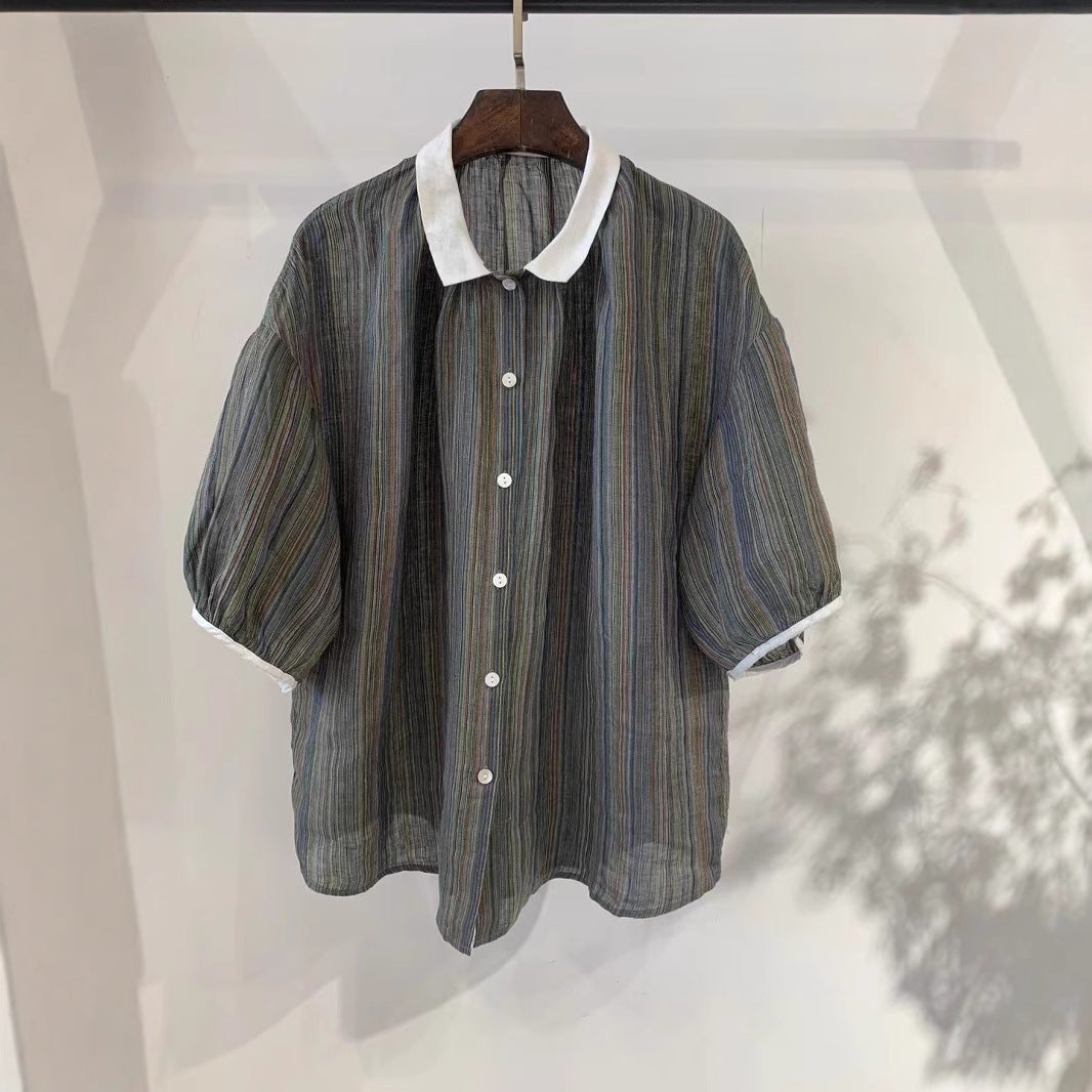 Dame Fritid Korte Ærmer Stribet Button-Up Skjorte Stilla