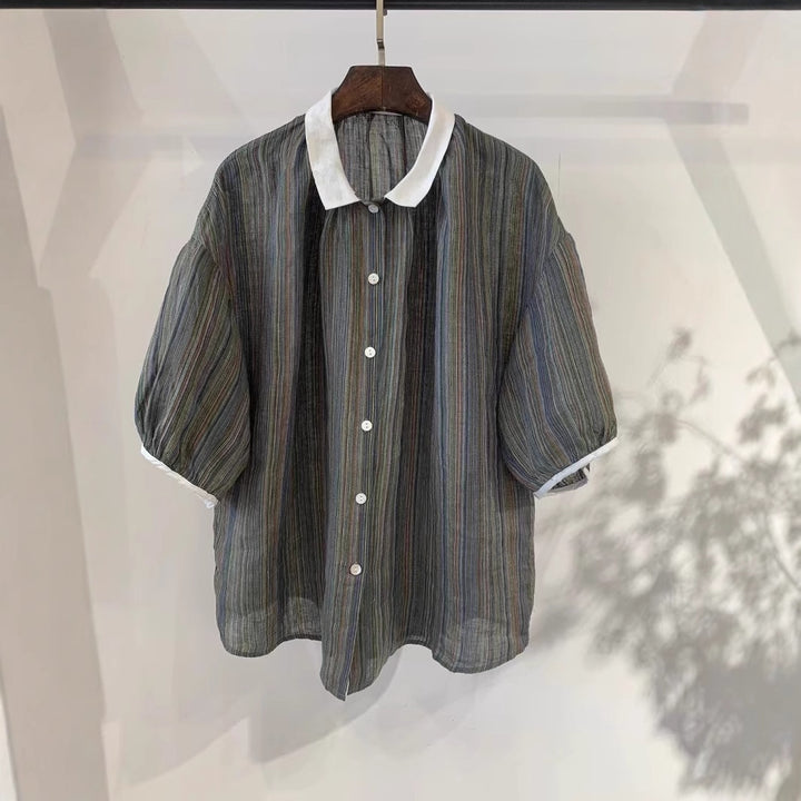 Dame Fritid Korte Ærmer Stribet Button-Up Skjorte Stilla