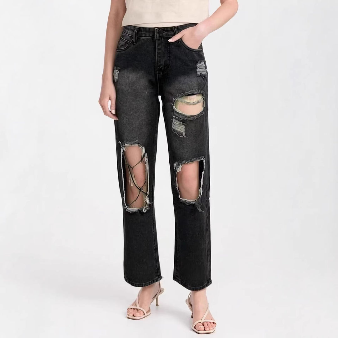 Dame distressed Mom Jeans med trendy cut-out-detaljer Skovae