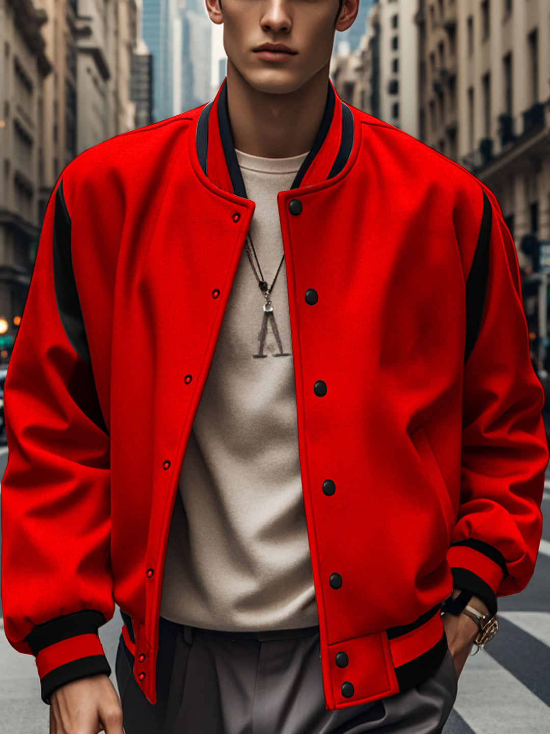 Herren nan let Collegejakke i Varsity-look med trykknaplukning, ribkant og kontrast-skulderstykke Skovae