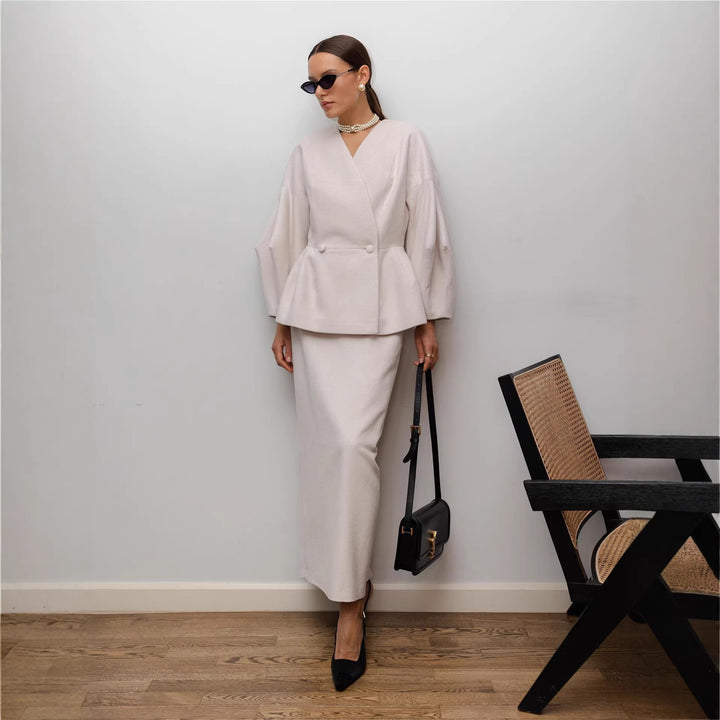 Dame Elegant Blyantkjole med Chic Blazer Top og Puffærmer Skovae