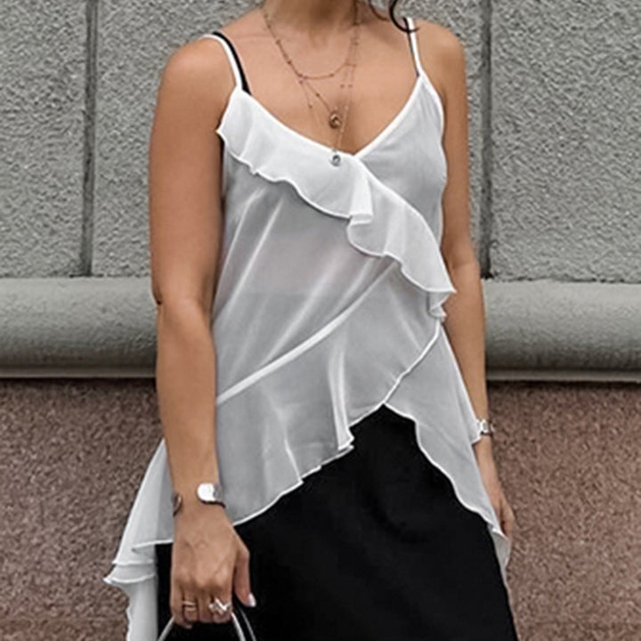 Dame Chiffon-top med asymmetrisk flæse-design og spaghetti-stropper Stilla