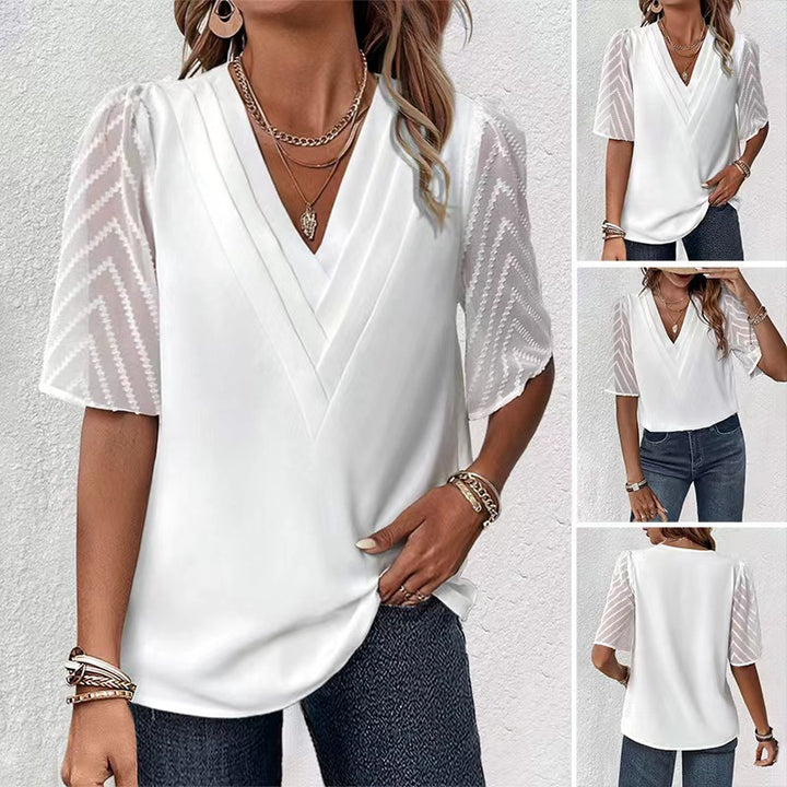 Damer nan elegant chiffon top med plisseret V-udskæring og gennemsigtige zigzagærmer Skovae