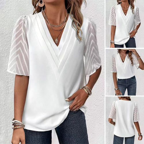 Damer nan elegant chiffon top med plisseret V-udskæring og gennemsigtige zigzagærmer Skovae