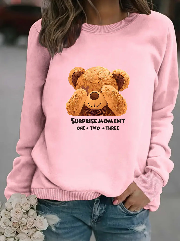 Dame sweatshirt med sødt bjørnedesign og moderne bogstaver Skovae