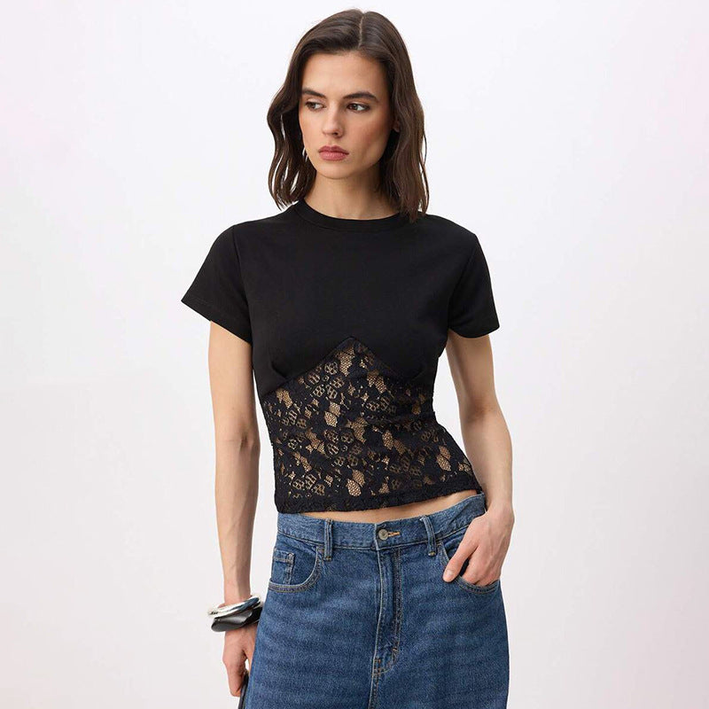 Damer Elegant top i lace og jersey Skovae