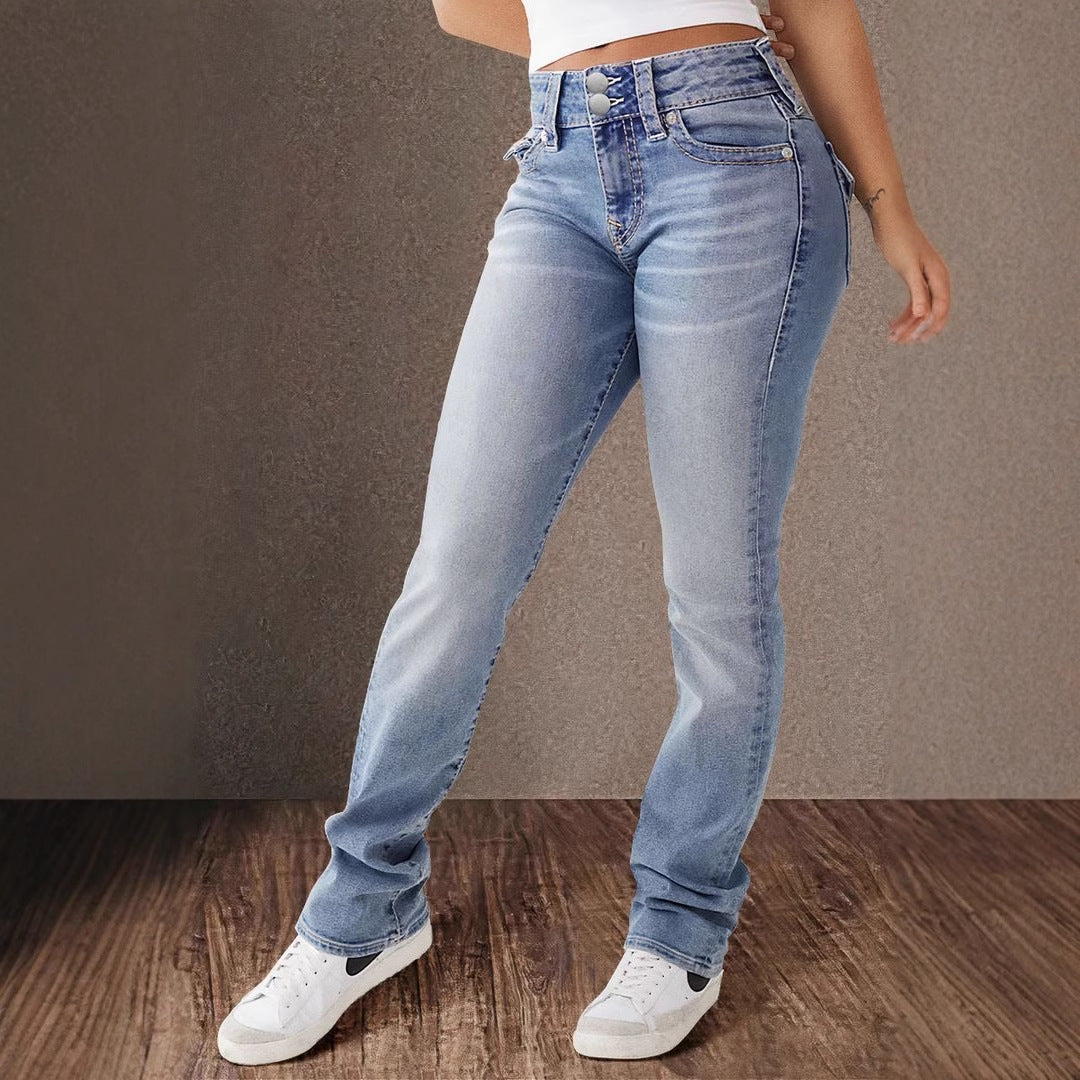 Dame High-Waist Slim Fit Jeans med elegant knapdetalje Stilla