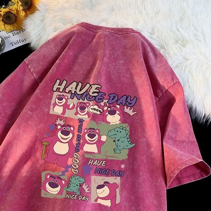 Dame T-shirt med glad cartoon-motiv og afslappet oversized-snit Stilla