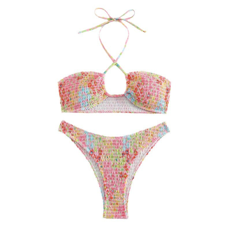 Dame bandeau-bikini med legende indpakningsdetalje og farverigt design Skovae