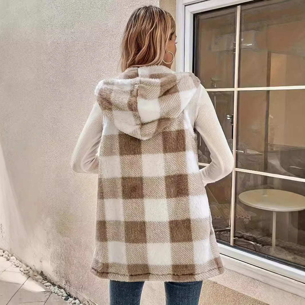 Dame hyggelig veste med ternet mønster og hætte Stilla