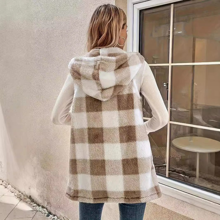 Dame hyggelig veste med ternet mønster og hætte Stilla