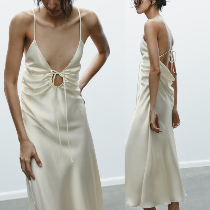 Femme Spaghetti-strop Satin Maxi-kjole med justerbart bindebånd Stilla