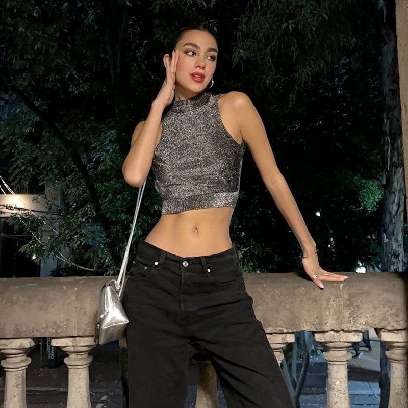 Dame Glitter Crop-Top med bindbart bund og høj krave Stilla