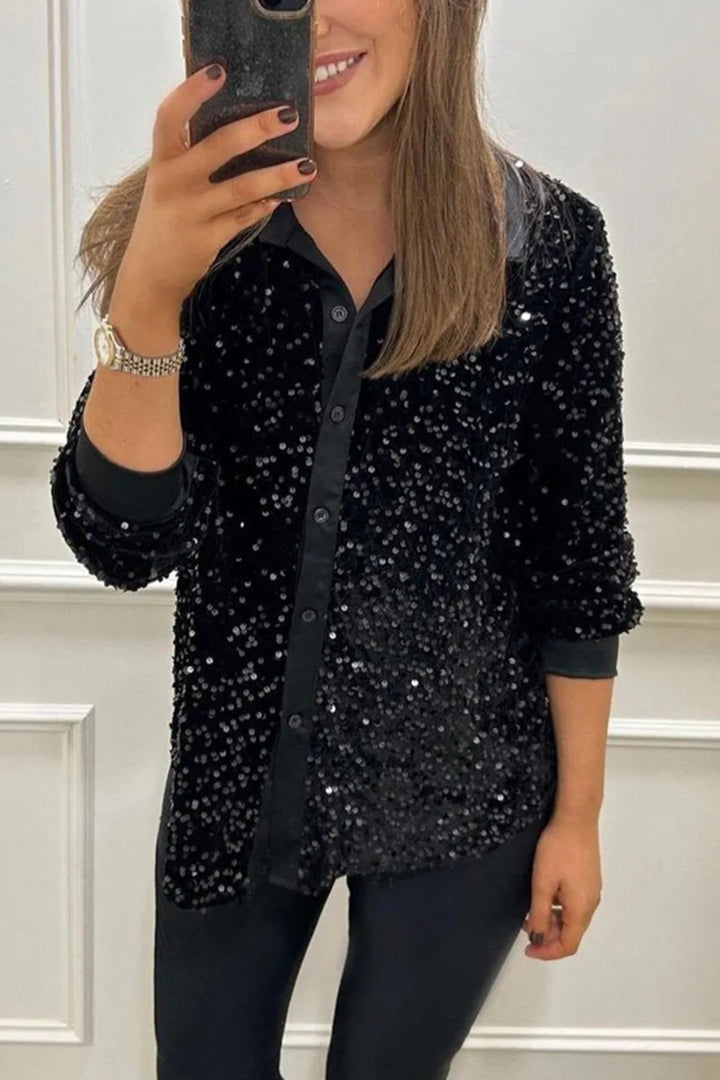 Dame glamourøs pailletbluse med klassisk krave og lange ærmer Stilla