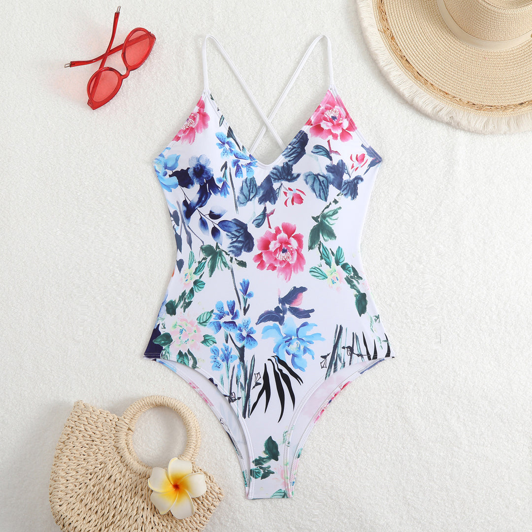 Femme Floral Print Heldragt Badedragt med Krydskuldre Stilla
