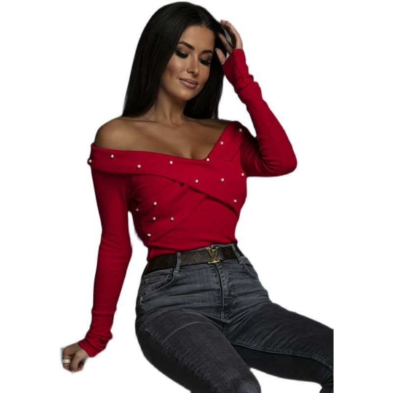 Dame Off-Shoulder Top med Perlepynt Stilla