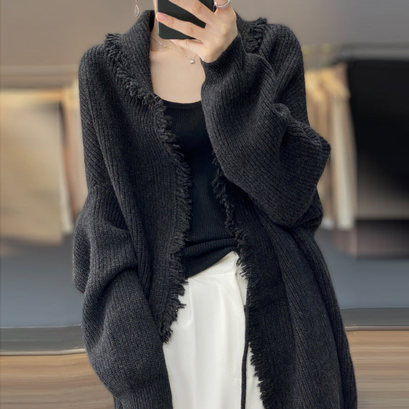Dame elegant struktureret strik-cardigan med frynse-detalje Stilla