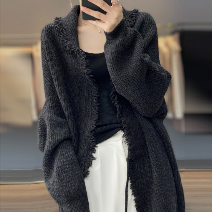 Dame elegant struktureret strik-cardigan med frynse-detalje Stilla