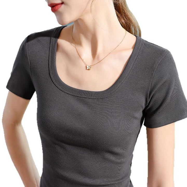 Dame Kortærmet Crop-Top med elegant Rundhalsudskæring og fin Ribstruktur Stilla