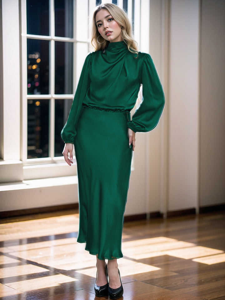 Dame elegant Midi-kjole med stålkrave og puffærmer Stilla