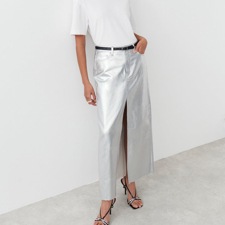 Dame Elegant Maxi-nederdel i metallisk skinnende materiale med slids Stilla