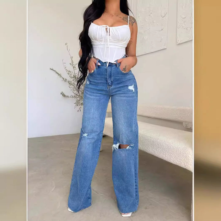 Kvinder Vintage Løse Jeans i Ødelagt-Stil med Høj Talje Stilla