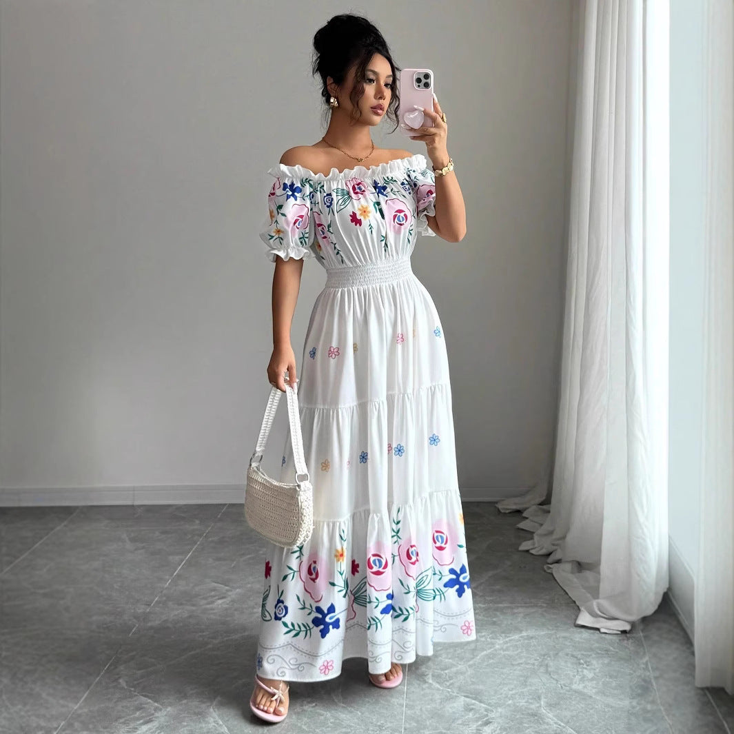 Dame Sommer Maxi-Kjole med romantiske blomsterbroderier og elastisk talje Stilla