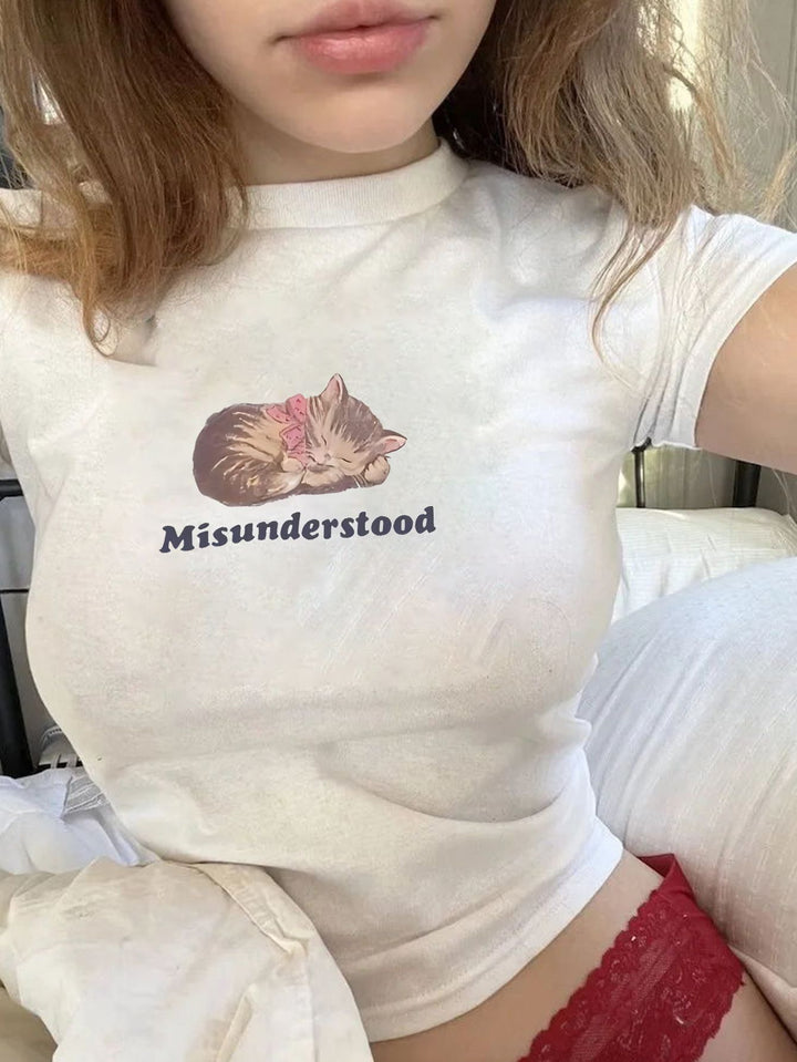 Dame Crop-T-Shirt med iøjnefaldende statement-print Skovae