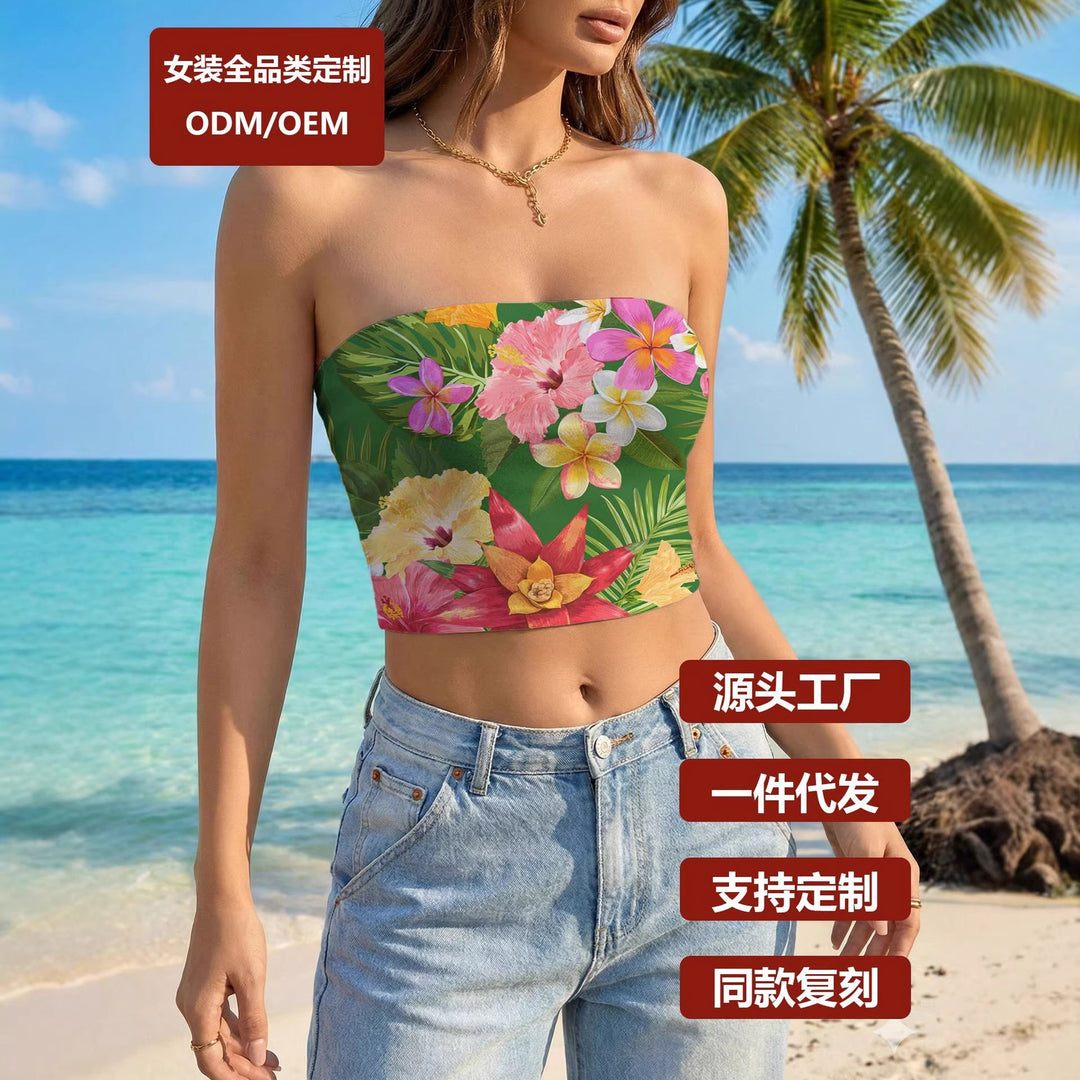Dame Bandeau-top med blomsterdesign og elastisk stof Skovae