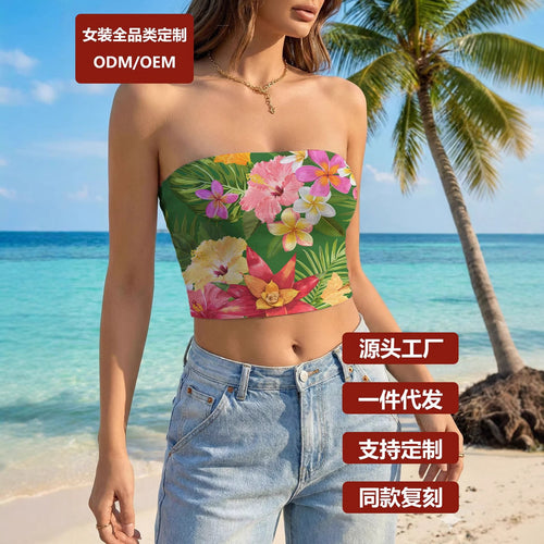 Dame Bandeau-top med blomsterdesign og elastisk stof Skovae